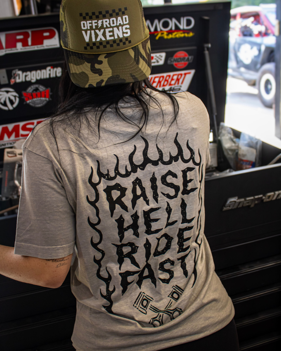 Raise Hell Vintage Tee – Silver | Ride Fast, Off-Road Vixen Style